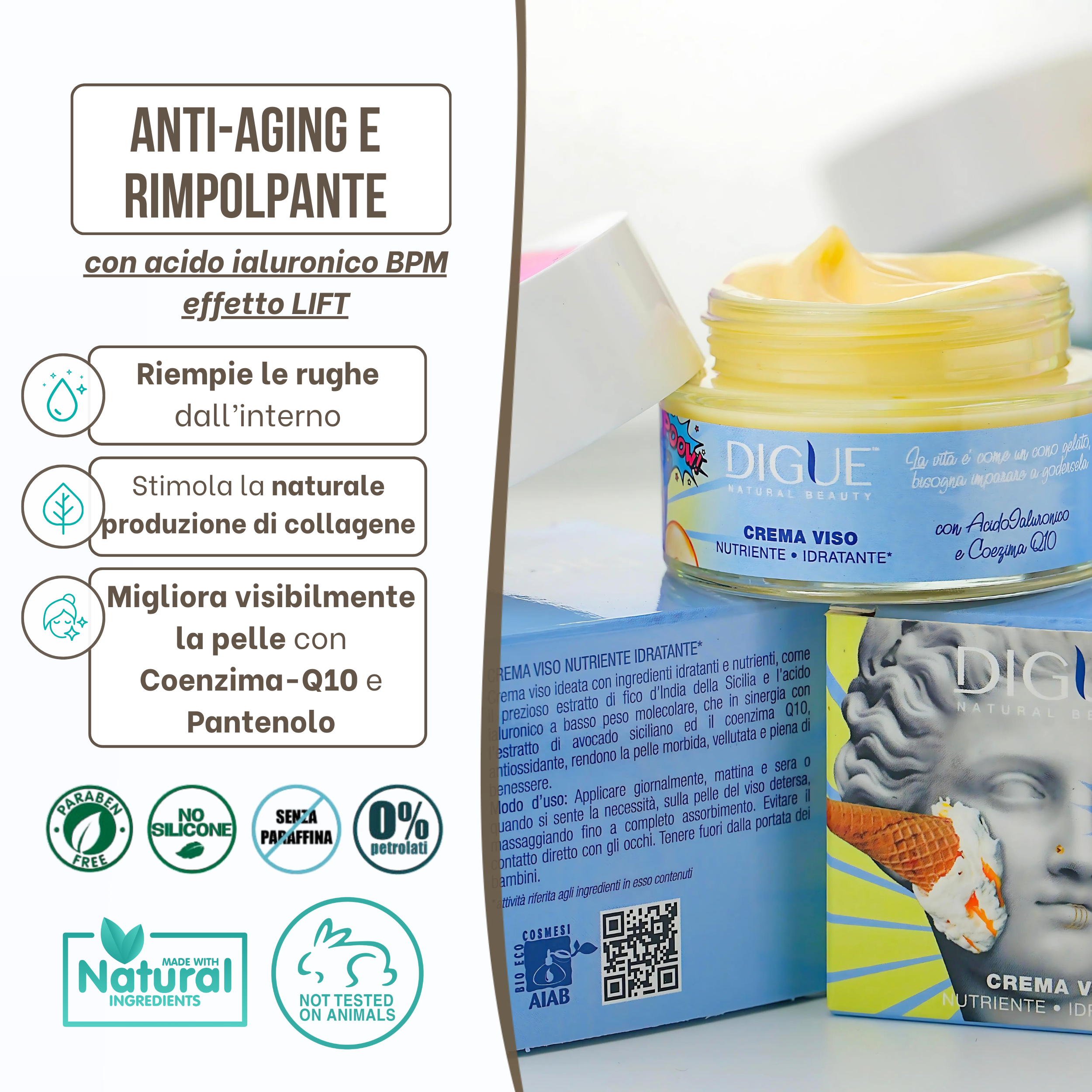 Crema Viso Bio Idratante e Nutriente Q10 - Effetto Lift con azione Anti-Aging e Rimpolpante - 50 ml Made in Italy