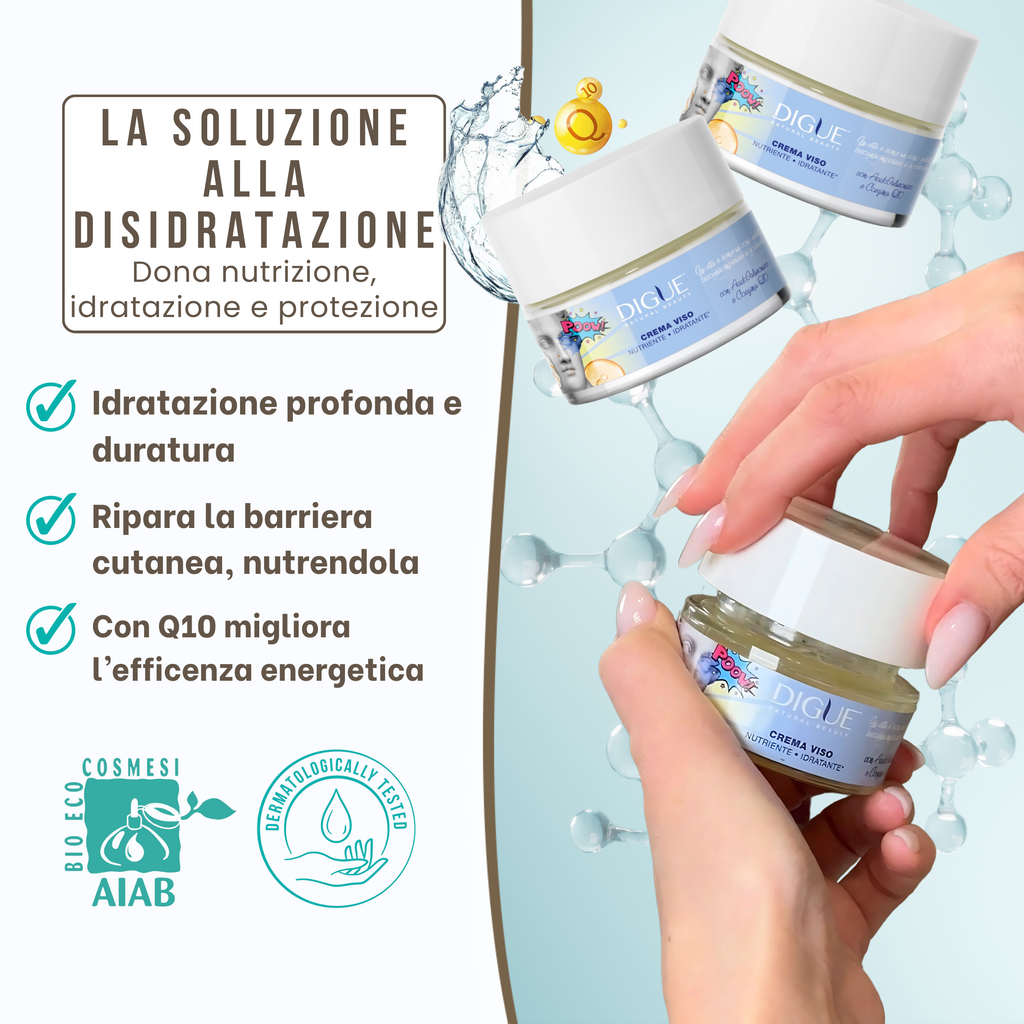 Crema Viso Bio Idratante e Nutriente Q10 - Effetto Lift con azione Anti-Aging e Rimpolpante - 50 ml Made in Italy