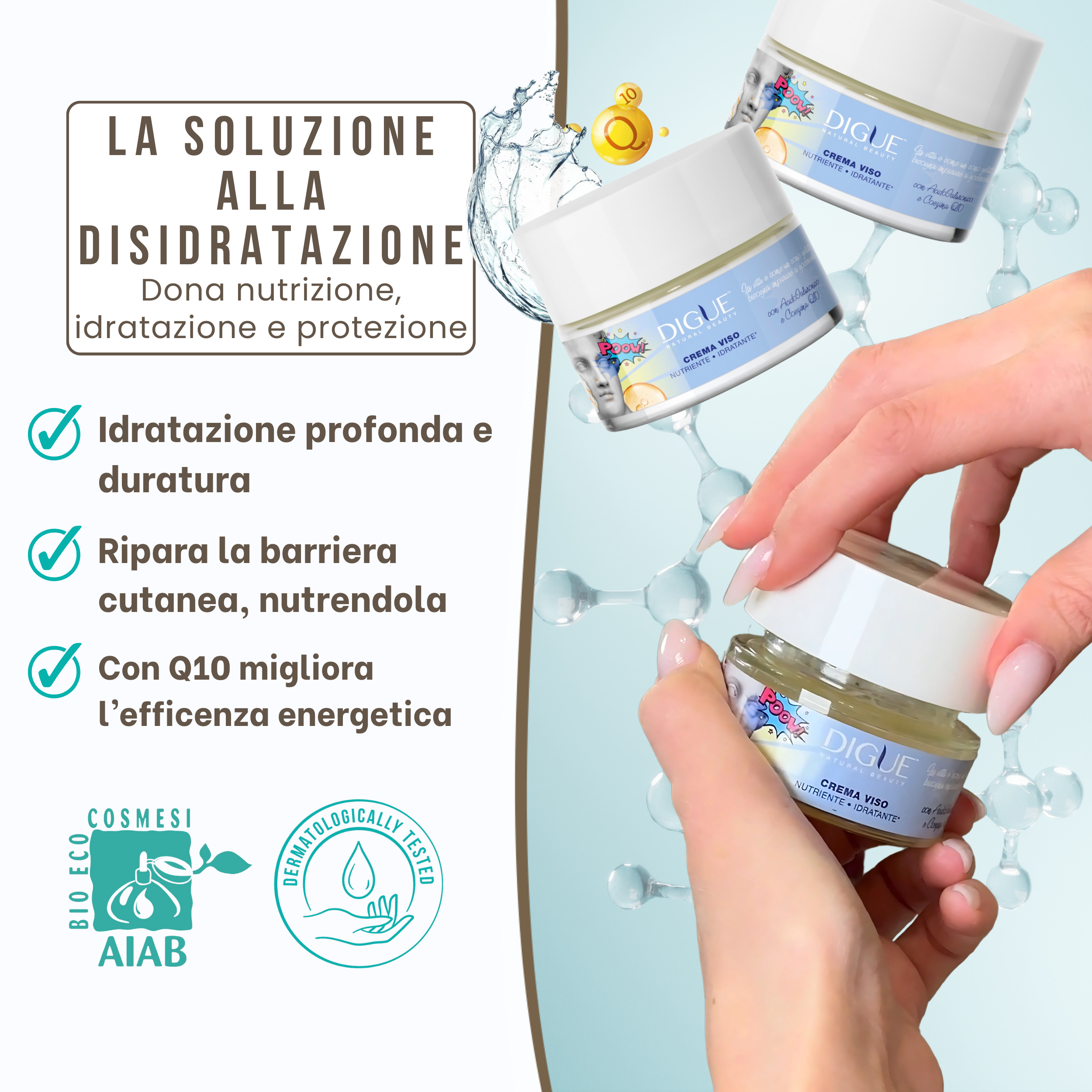 Crema Viso Bio Idratante e Nutriente Q10 - Effetto Lift con azione Anti-Aging e Rimpolpante - 50 ml Made in Italy