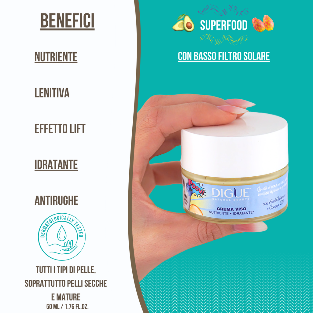 Crema Viso Bio Idratante e Nutriente Q10 - Effetto Lift con azione Anti-Aging e Rimpolpante - 50 ml Made in Italy