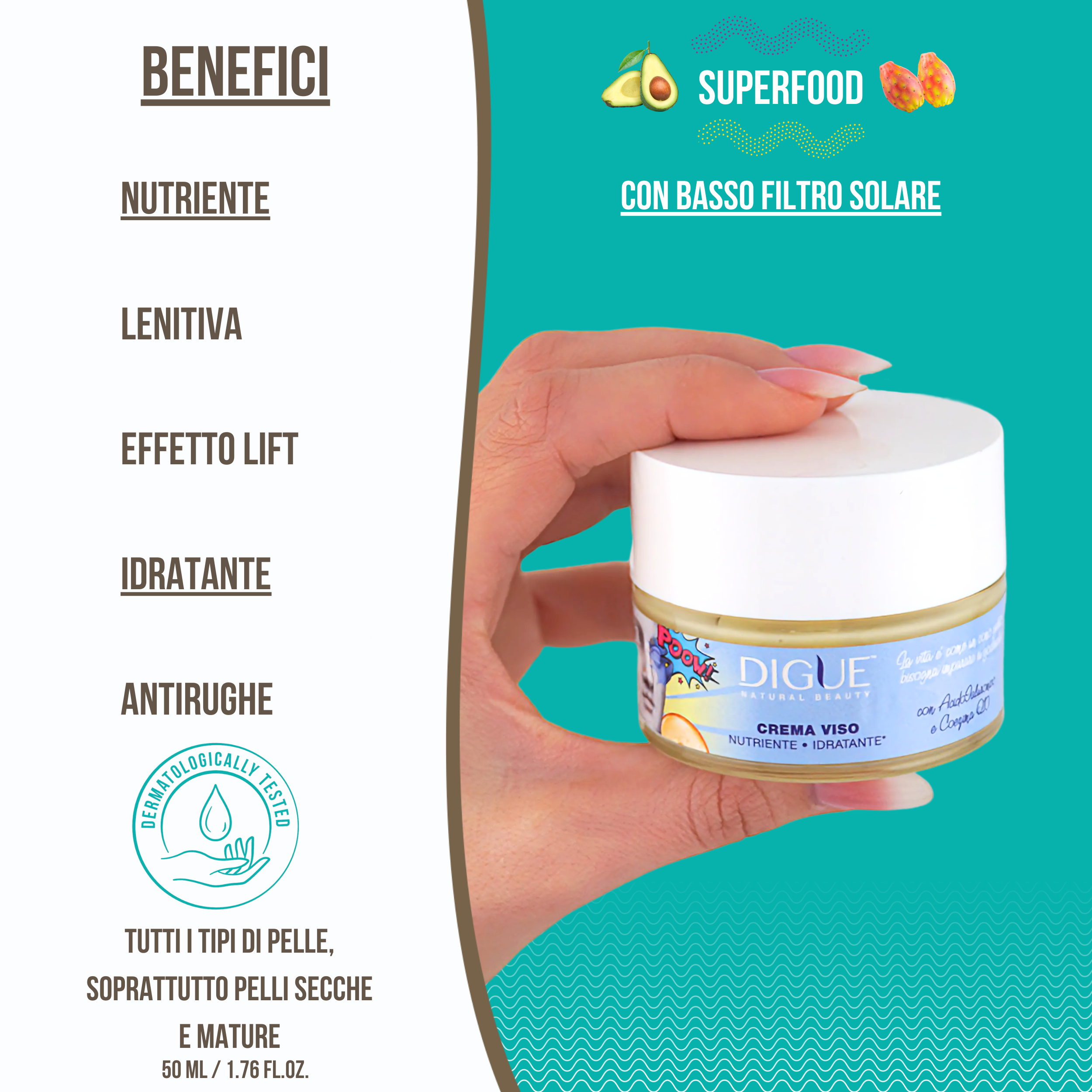 Crema Viso Bio Idratante e Nutriente Q10 - Effetto Lift con azione Anti-Aging e Rimpolpante - 50 ml Made in Italy