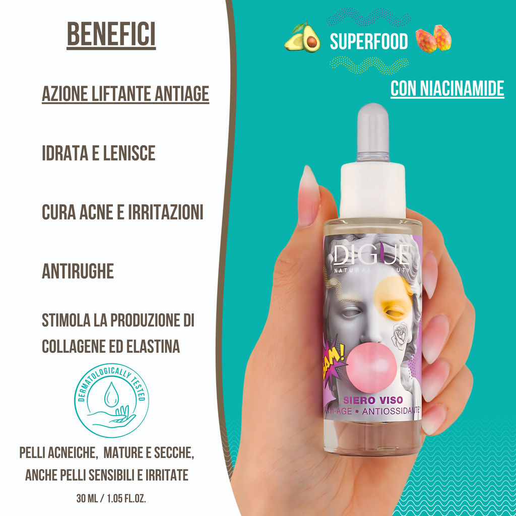 Siero Viso Bio Antiage, Antirughe e Lenitivo - Trattamento Superfood per Pelle Irritata e Acneica