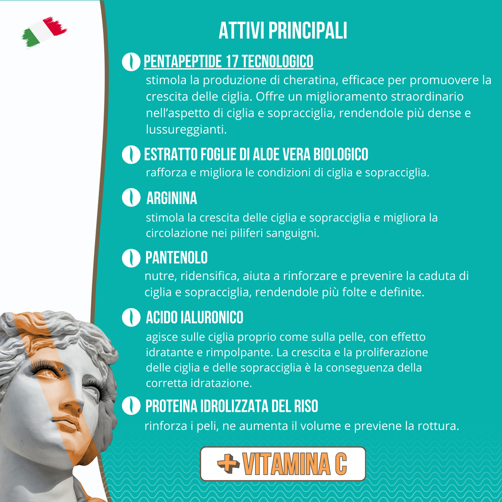 Siero Ciglia e Sopracciglia Volumizzante - Bio e Naturale - Stimola la Crescita in 4 Settimane - 7ml Made in Italy